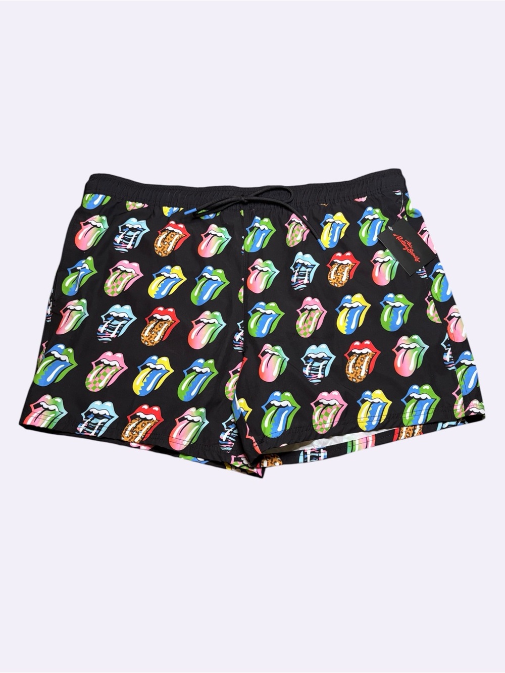 the Rolling Stones Black Swim Shorts with Multicolor Tongue Print
